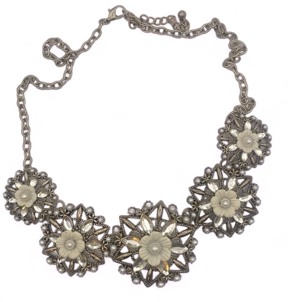Floral Statement Necklace in Antique Silver Tone